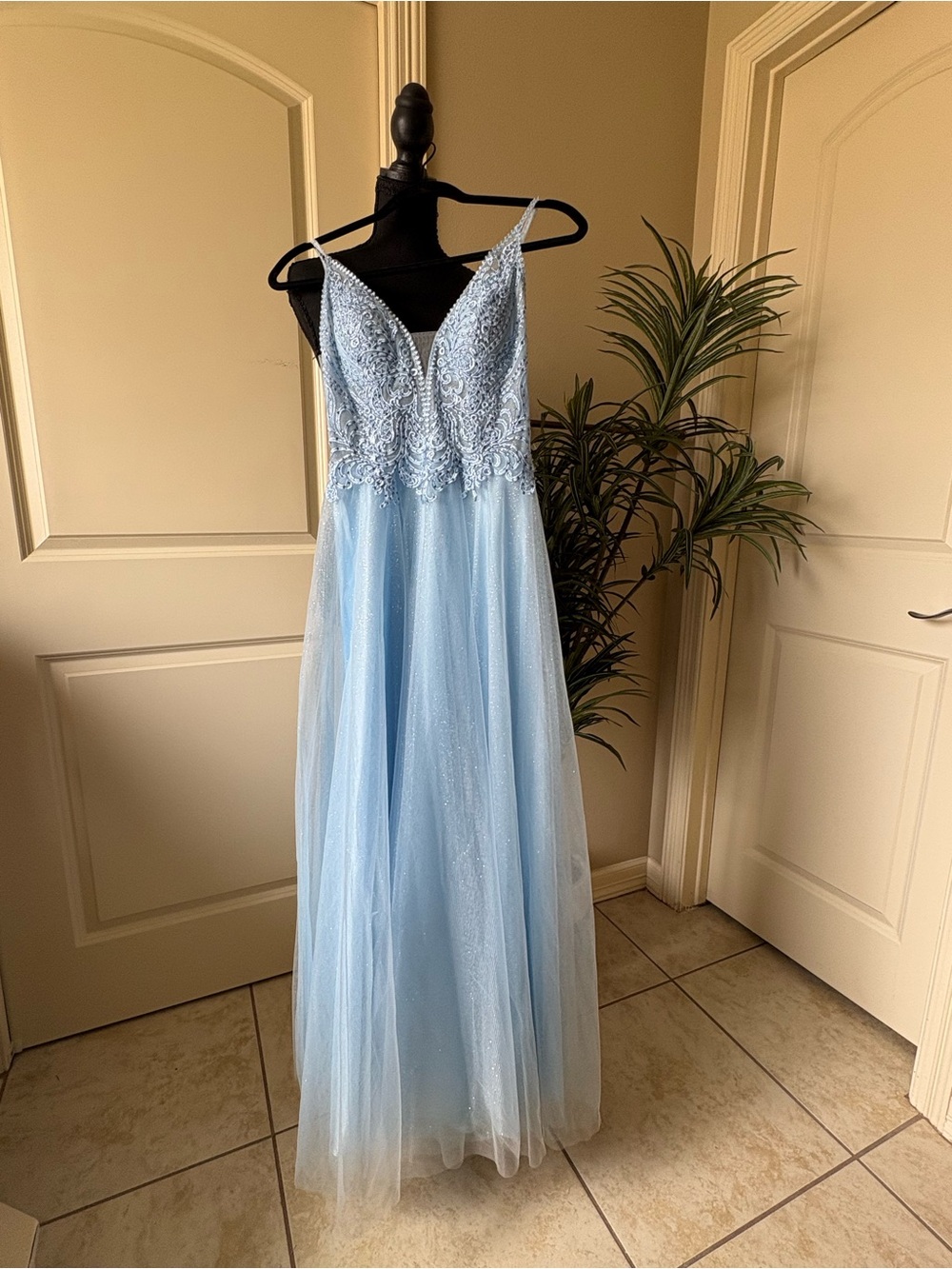 Sky Blue Beaded V-Neck Prom Gown Coya Collection Size XS Petite